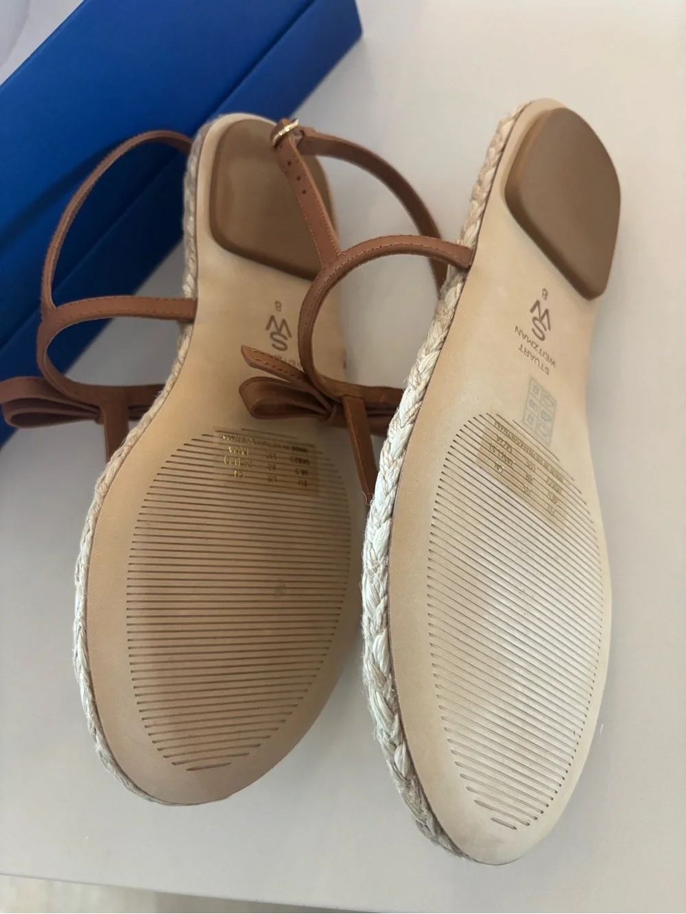 Stuart Weitzman Brown Leather T‑Strap Espadrille Sandals